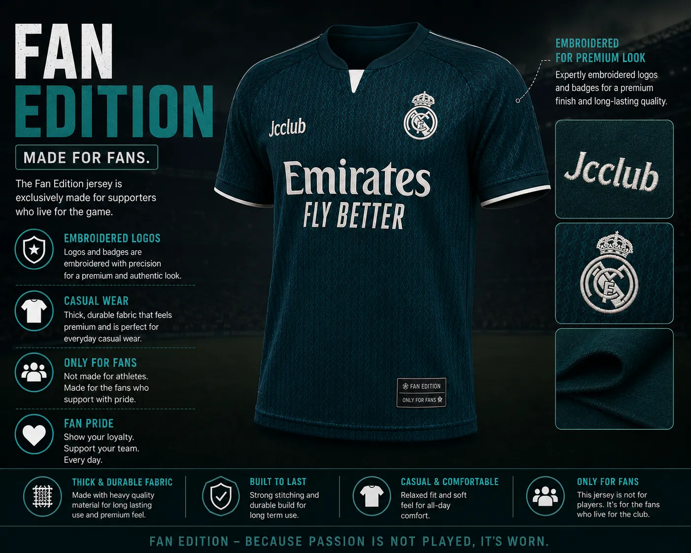 Fan edition football jersey features infographic - embroidered logos, thick durable fabric, casual comfortable fit made for fans