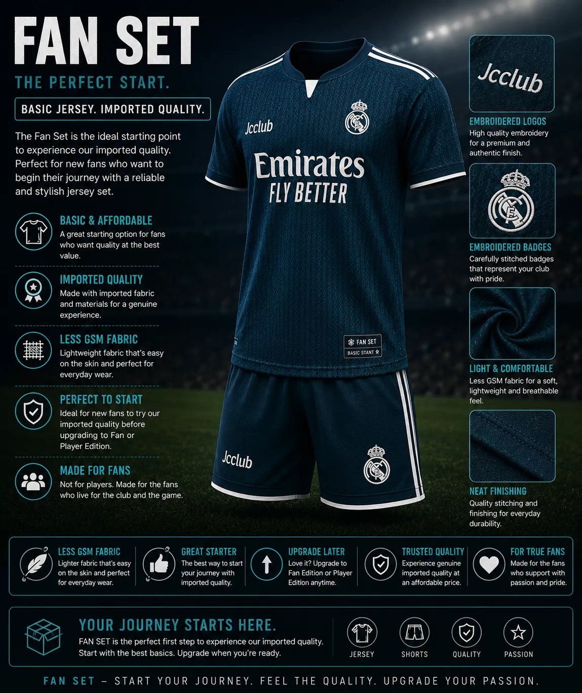 Fan edition set football kit features infographic - classic design, breathable moisture wicking fabric, regular fit jersey and shorts set