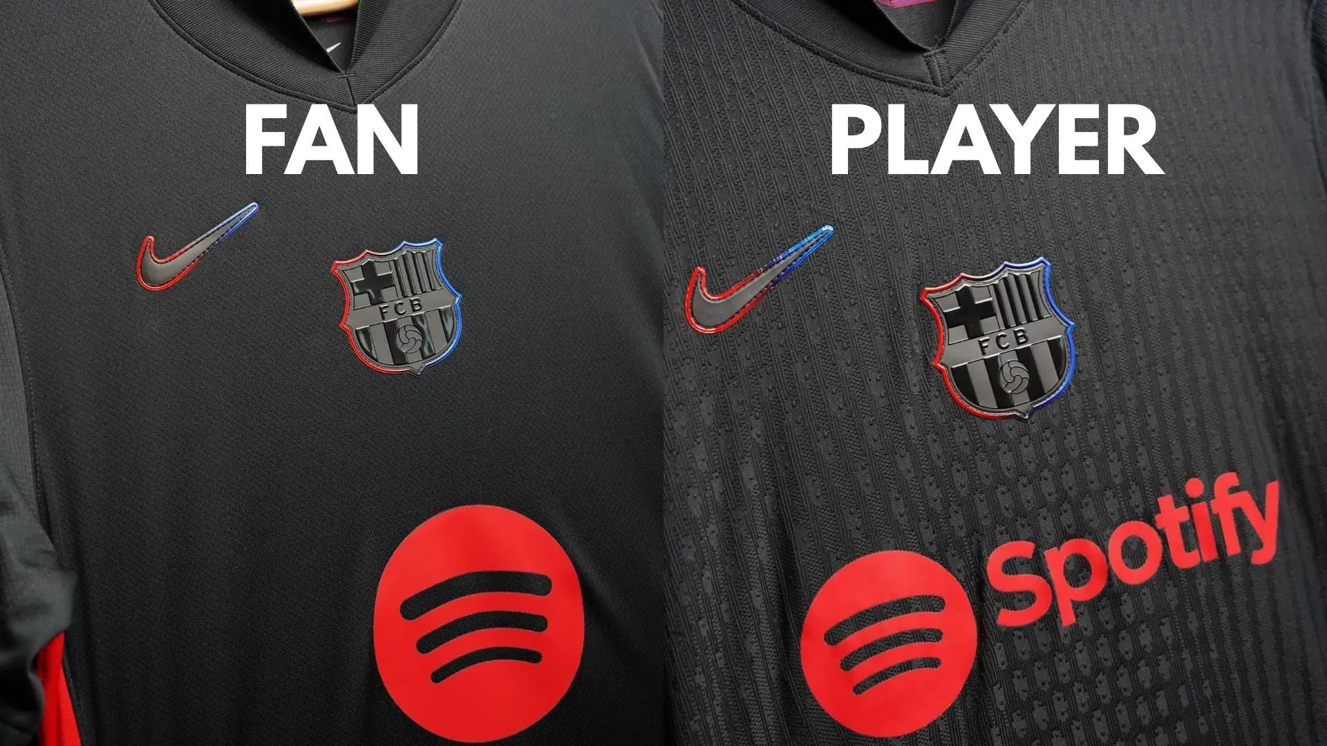 Player edition vs fan edition football jersey side by side comparison showing fabric texture and badge difference